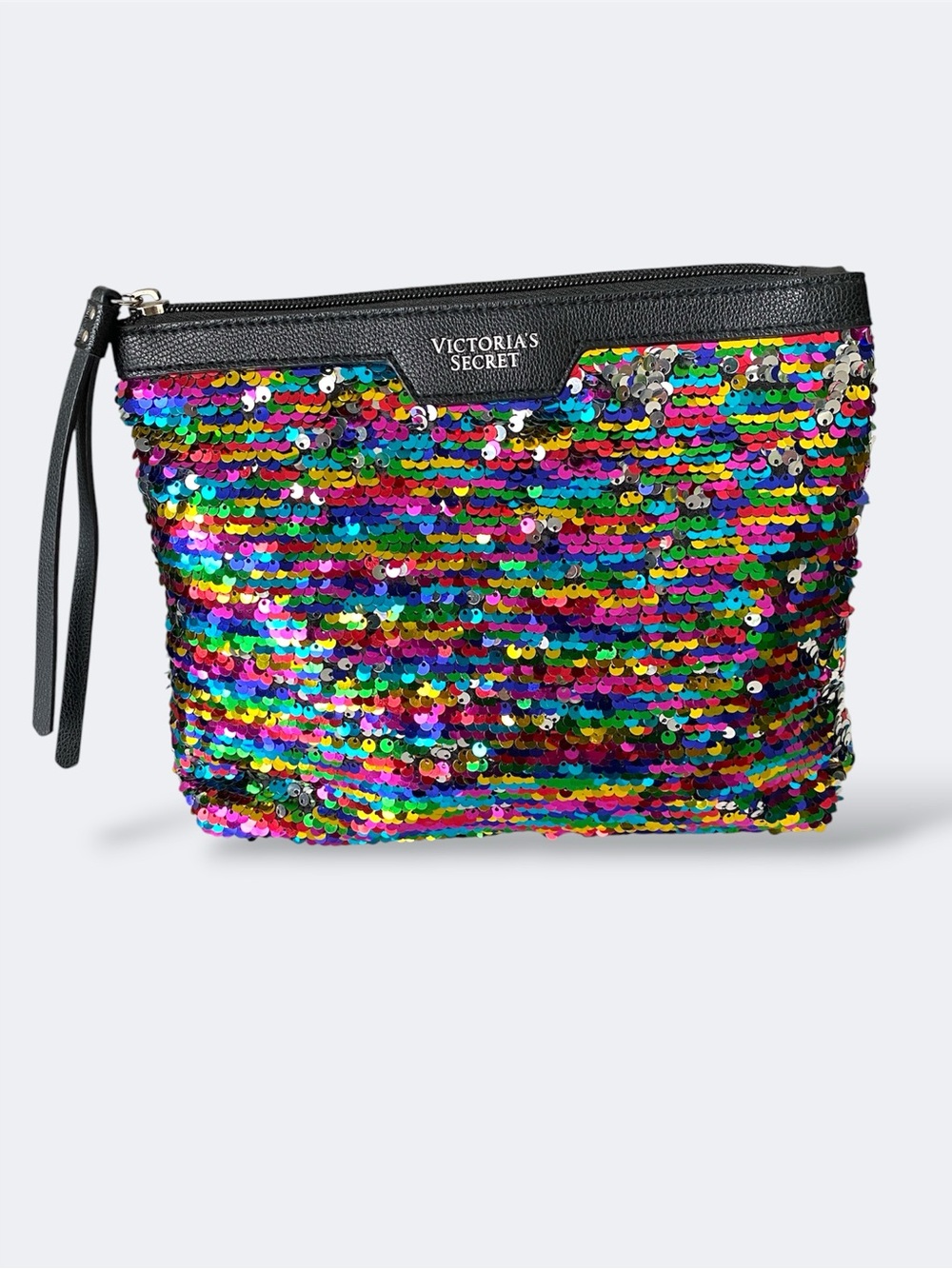 Victoria's Secret Rainbow Silver Sequin Cosmetic Beauty Clutch with Black Trim
